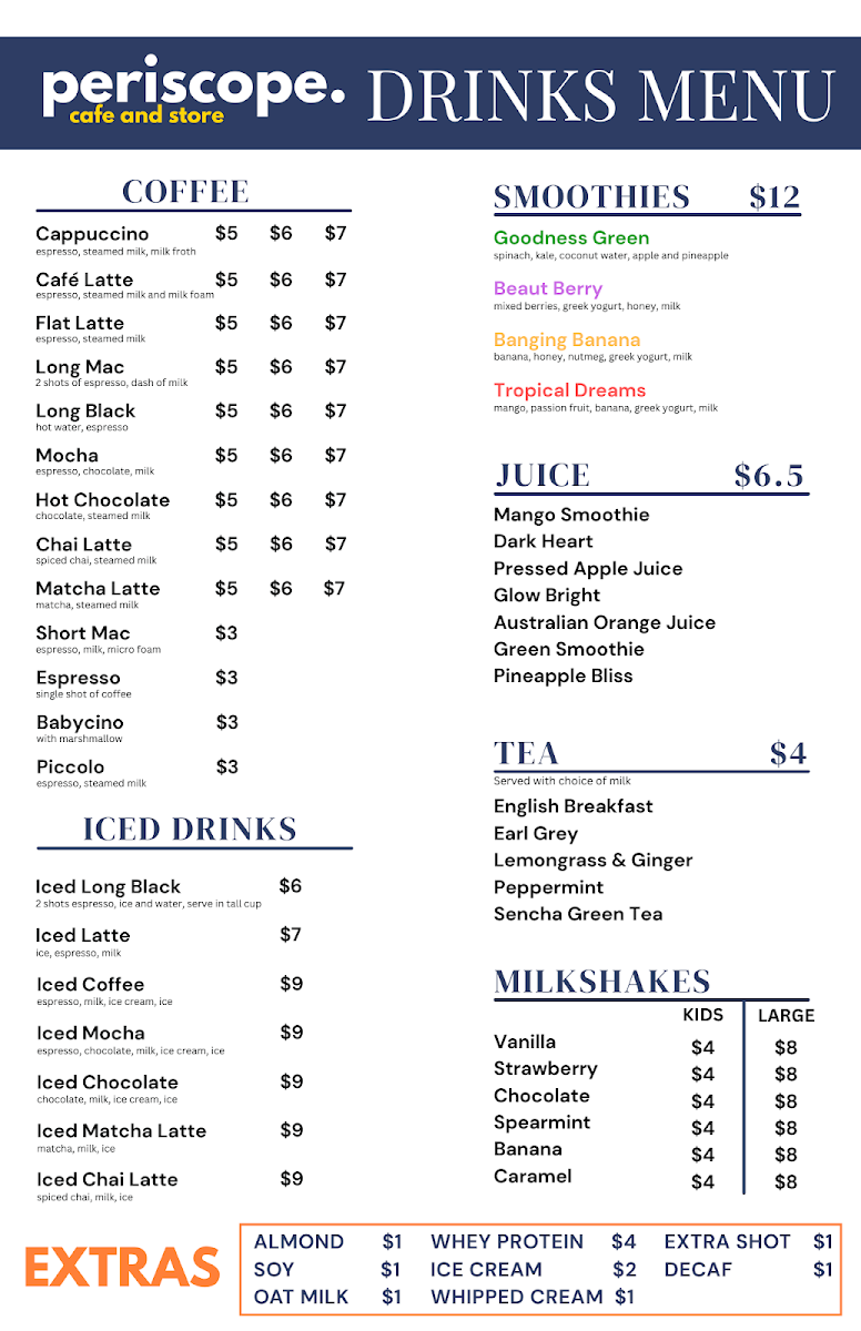 Menu, Periscope Cafe