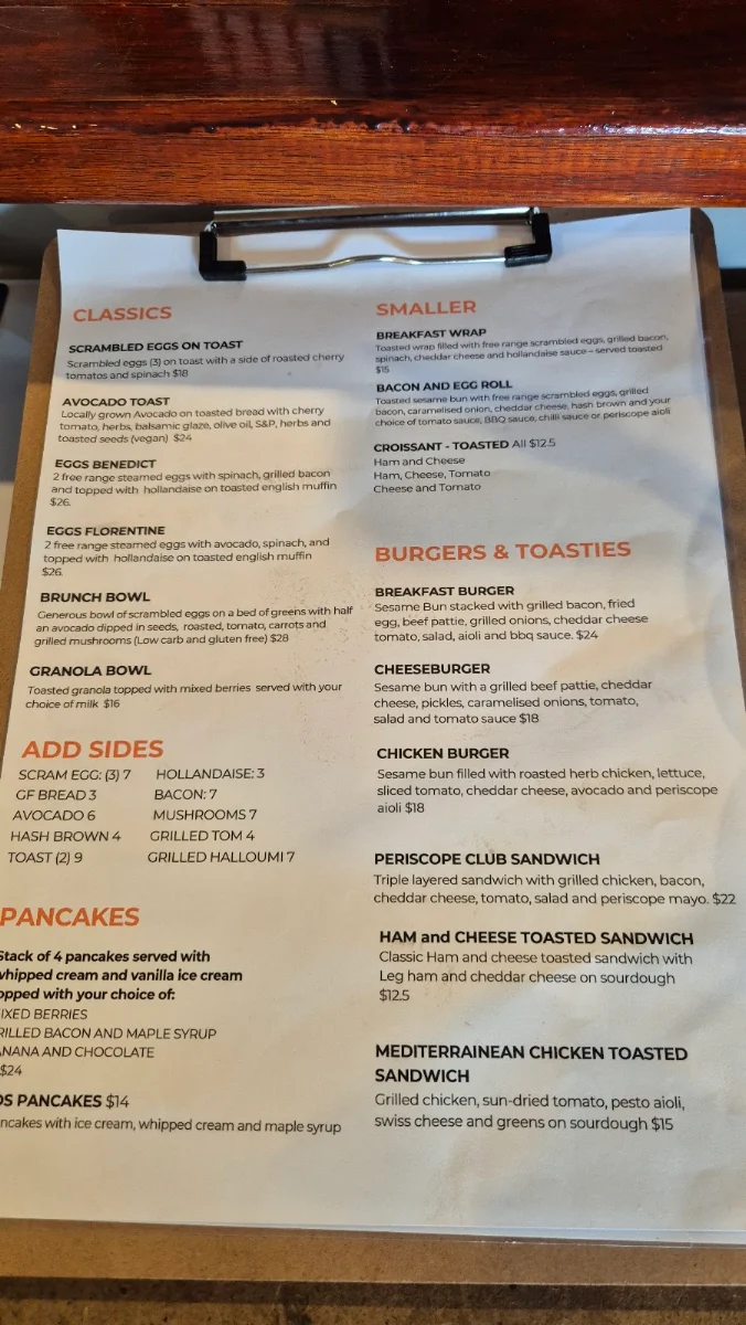 Menu, Periscope Cafe