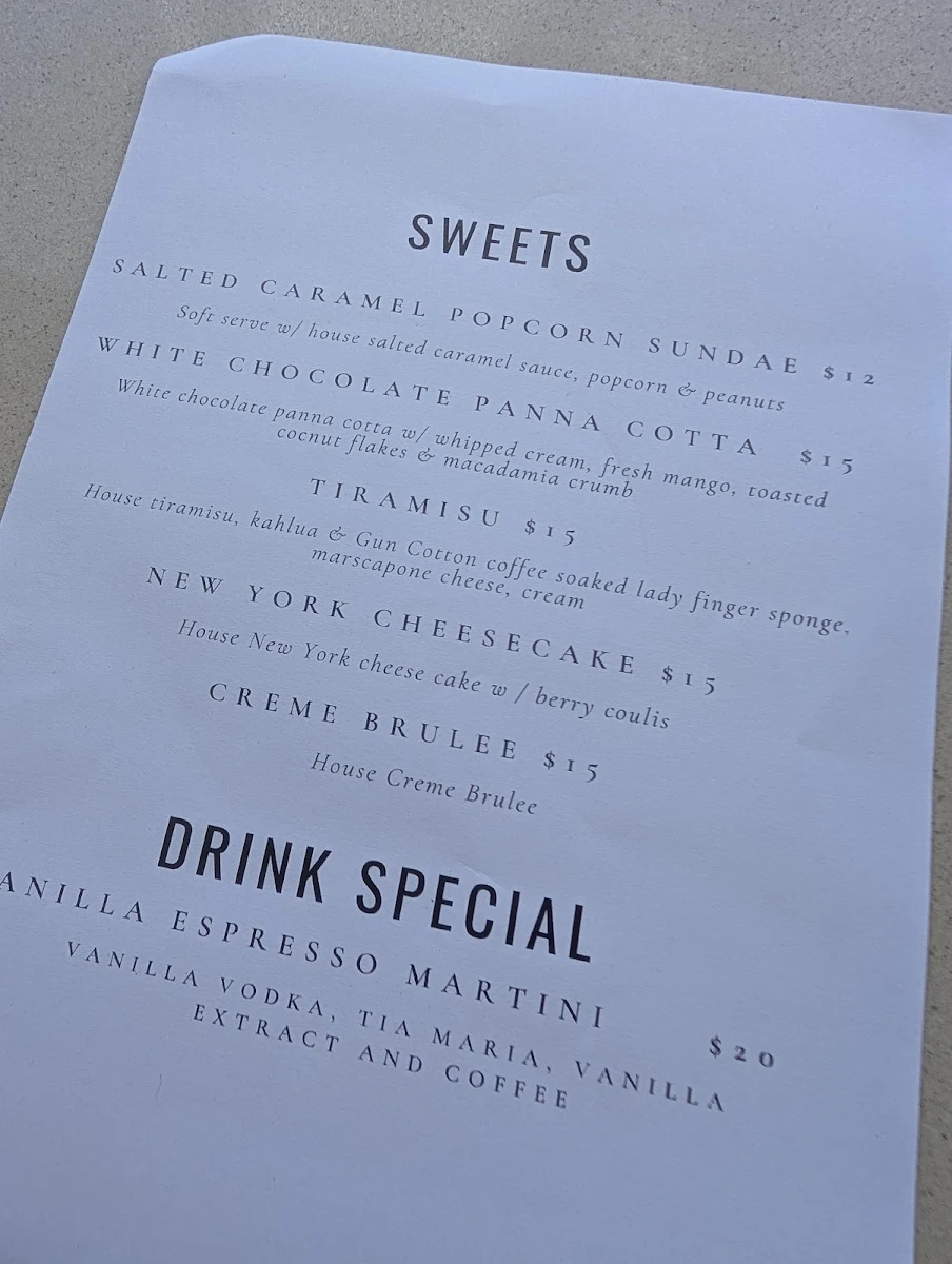 Menu, GT's Bar & Restaurant Noosa