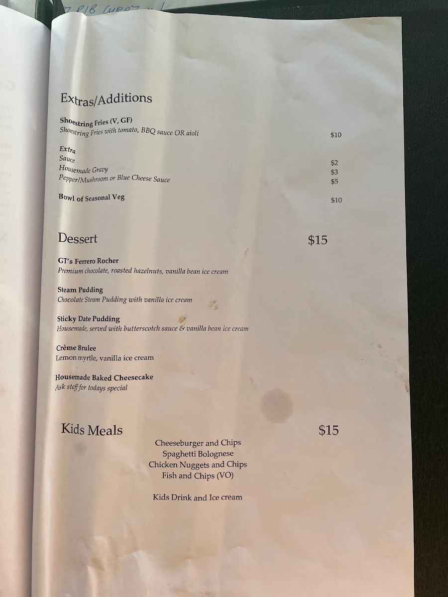 Menu, GT's Bar & Restaurant Noosa
