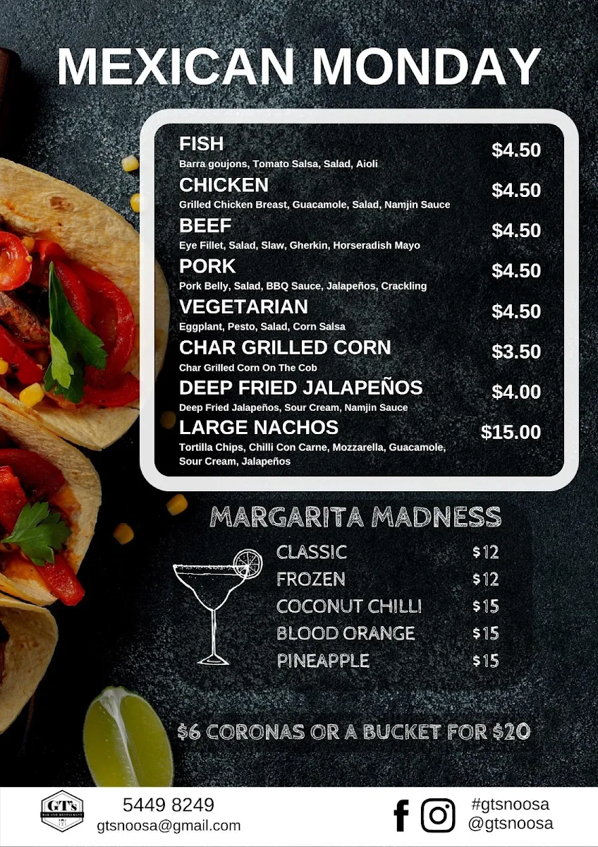 Menu, GT's Bar & Restaurant Noosa
