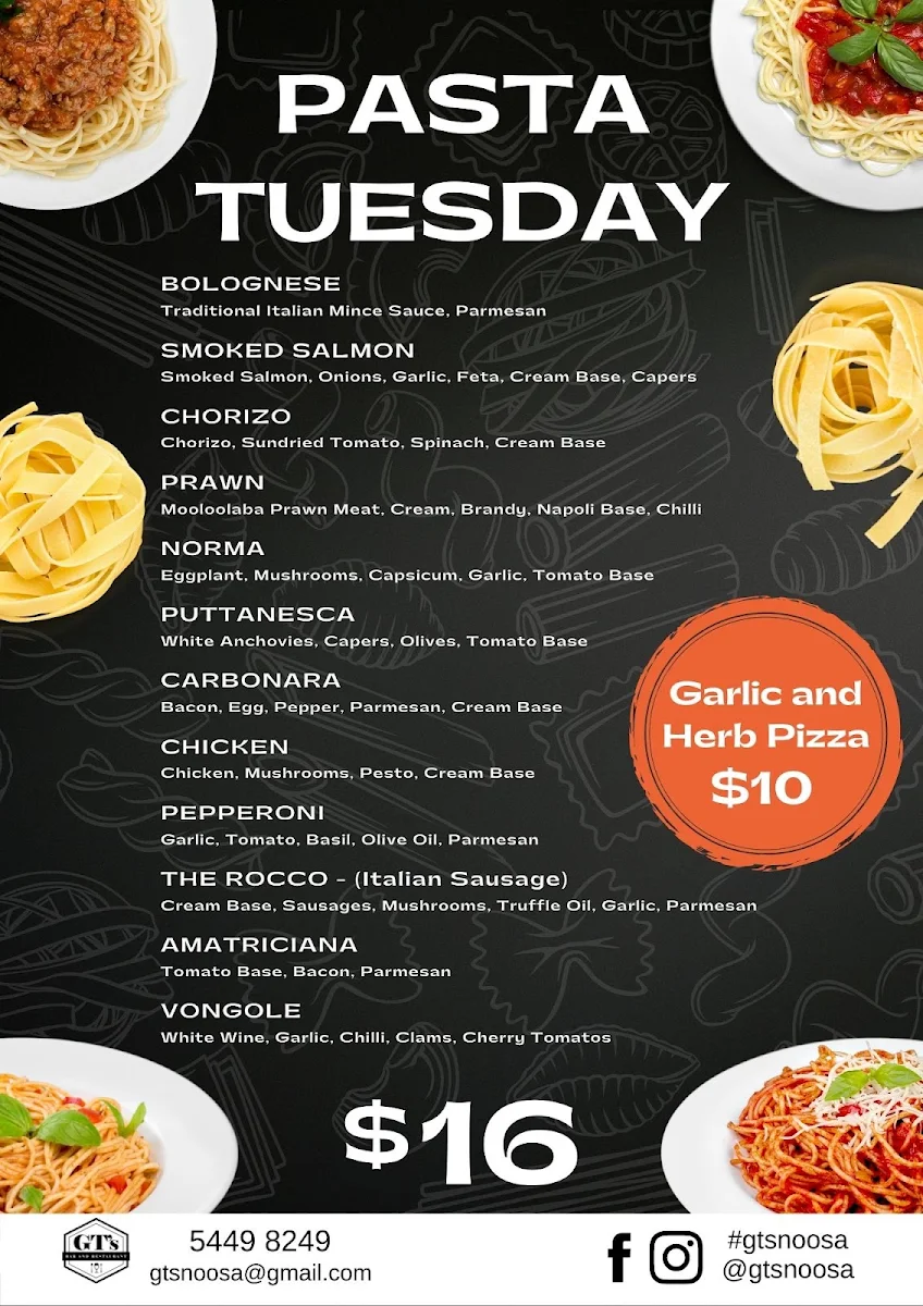 Menu, GT's Bar & Restaurant Noosa