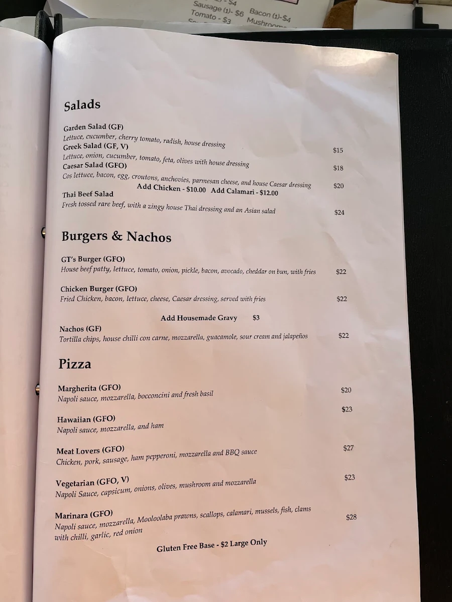 Menu, GT's Bar & Restaurant Noosa