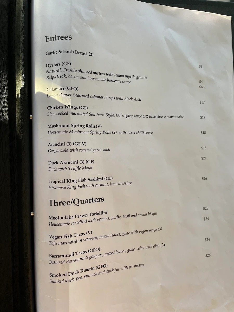 Menu, GT's Bar & Restaurant Noosa