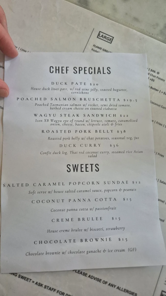 Menu, GT's Bar & Restaurant Noosa