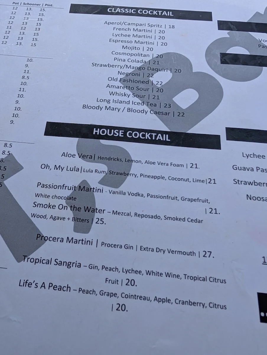 Menu, GT's Bar & Restaurant Noosa