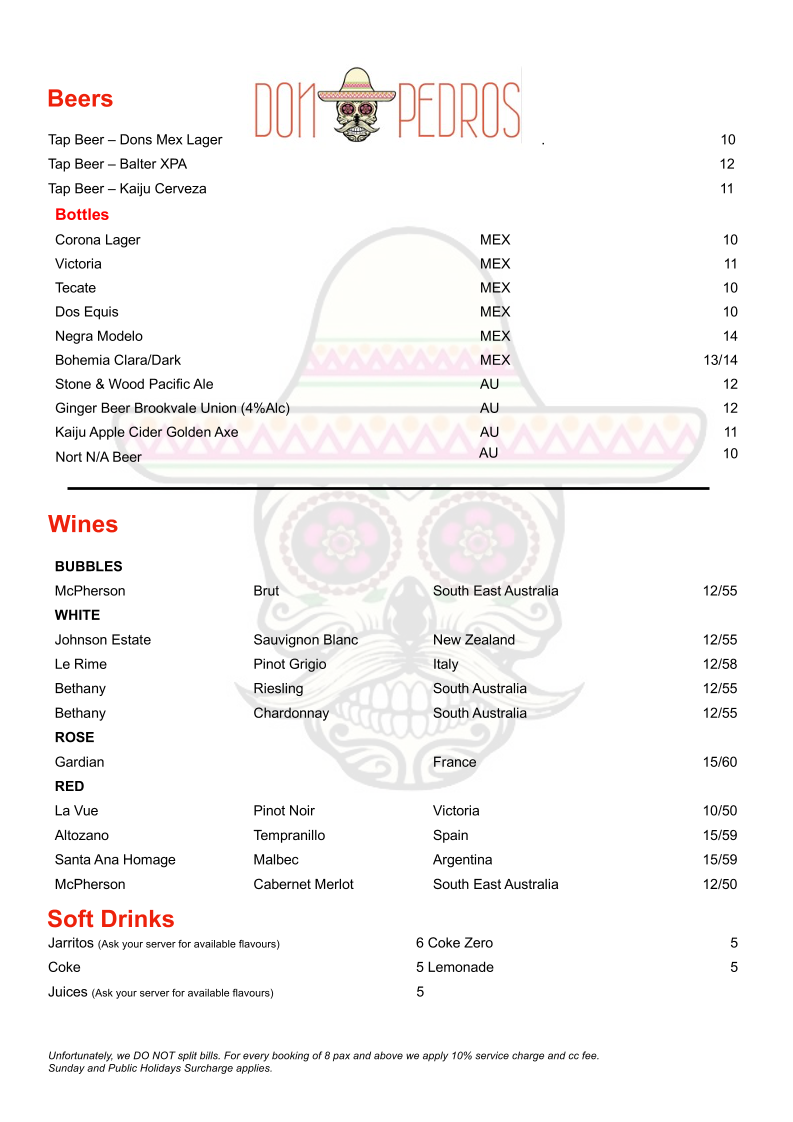 Menu, Don Pedros