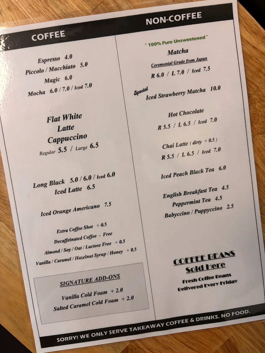 Menu, SOAE coffee on yarrara