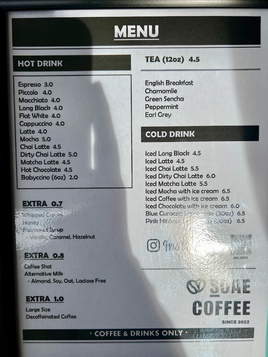 Menu, SOAE coffee on yarrara
