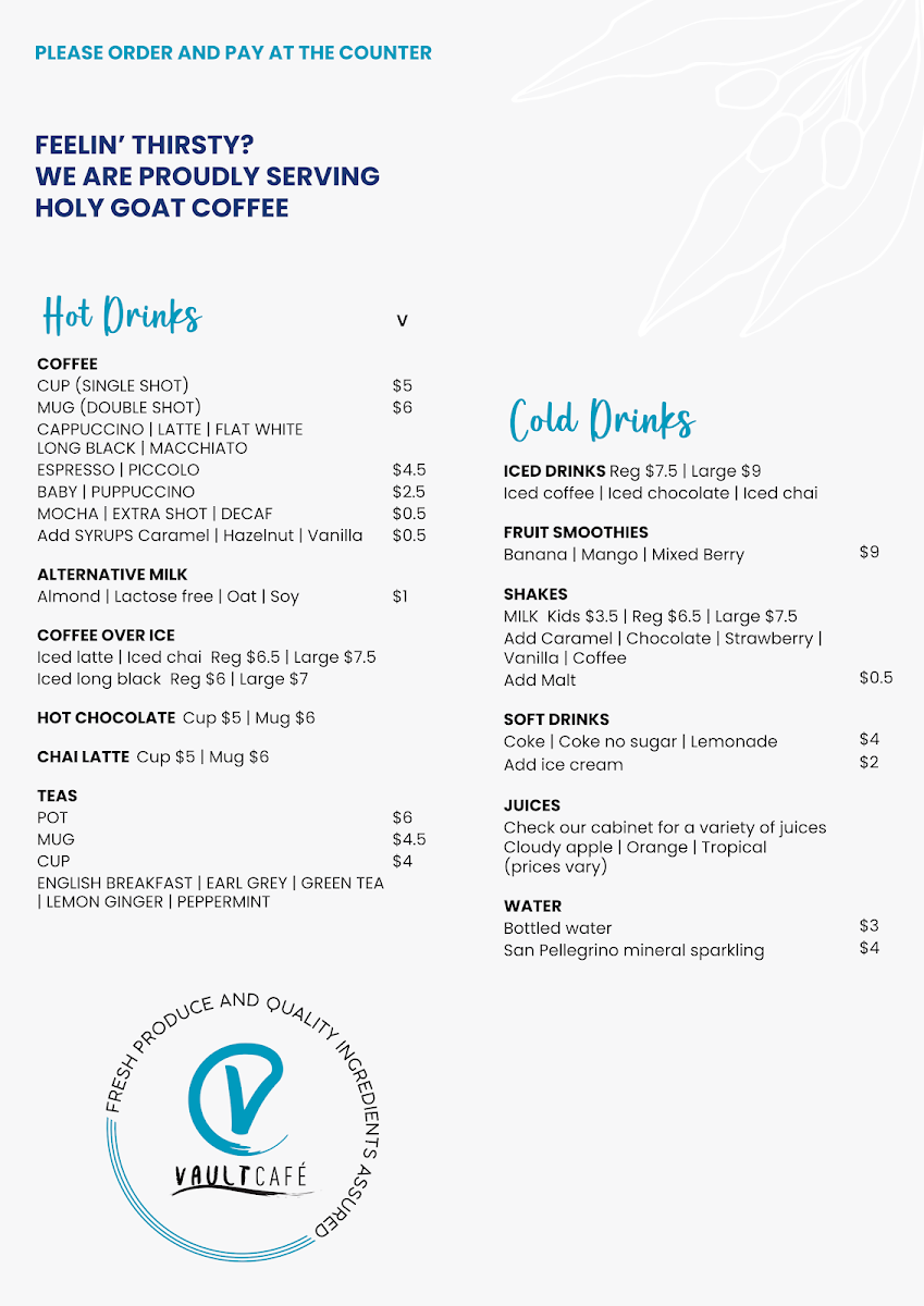 Menu, Vault Cafe