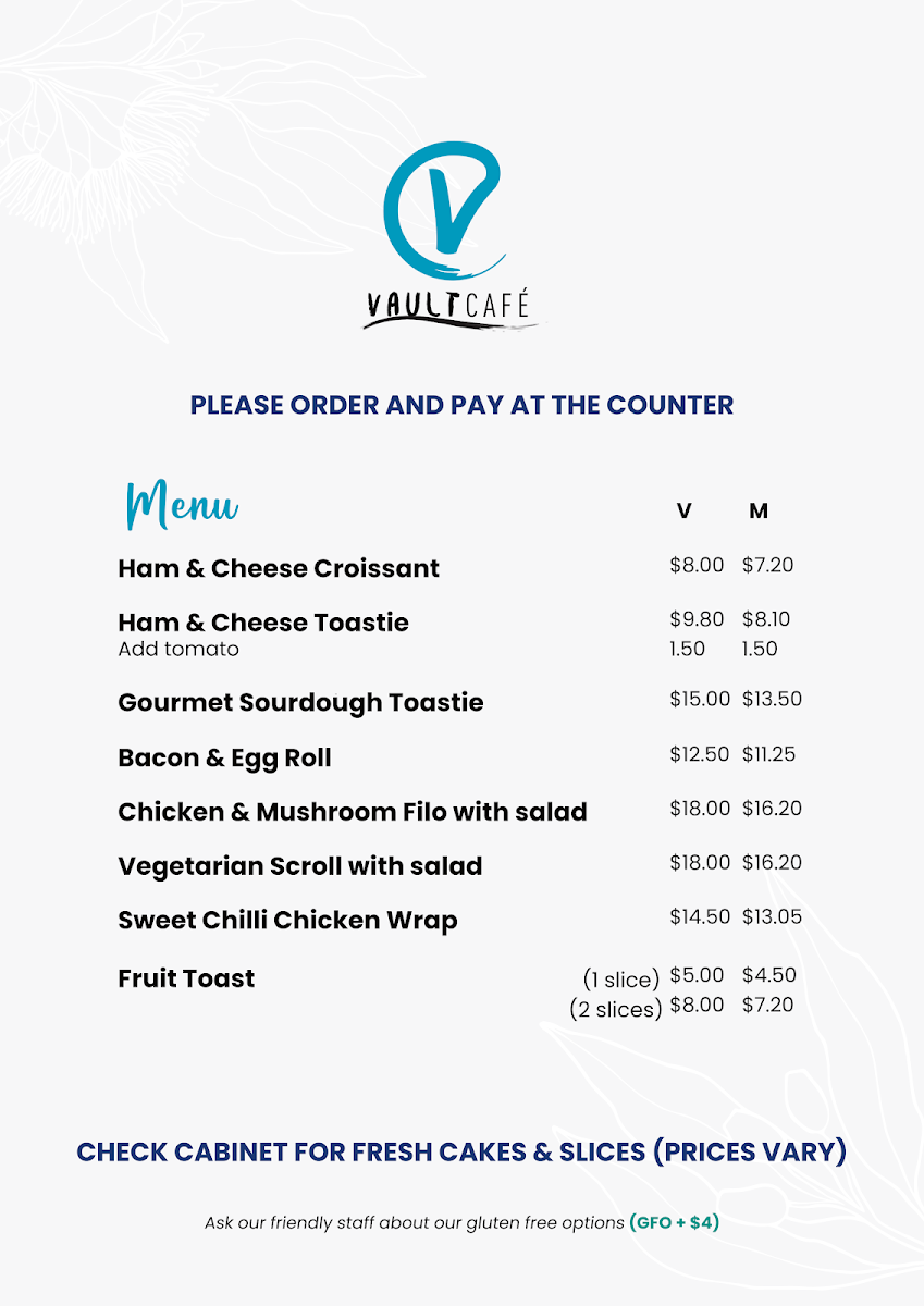 Menu, Vault Cafe