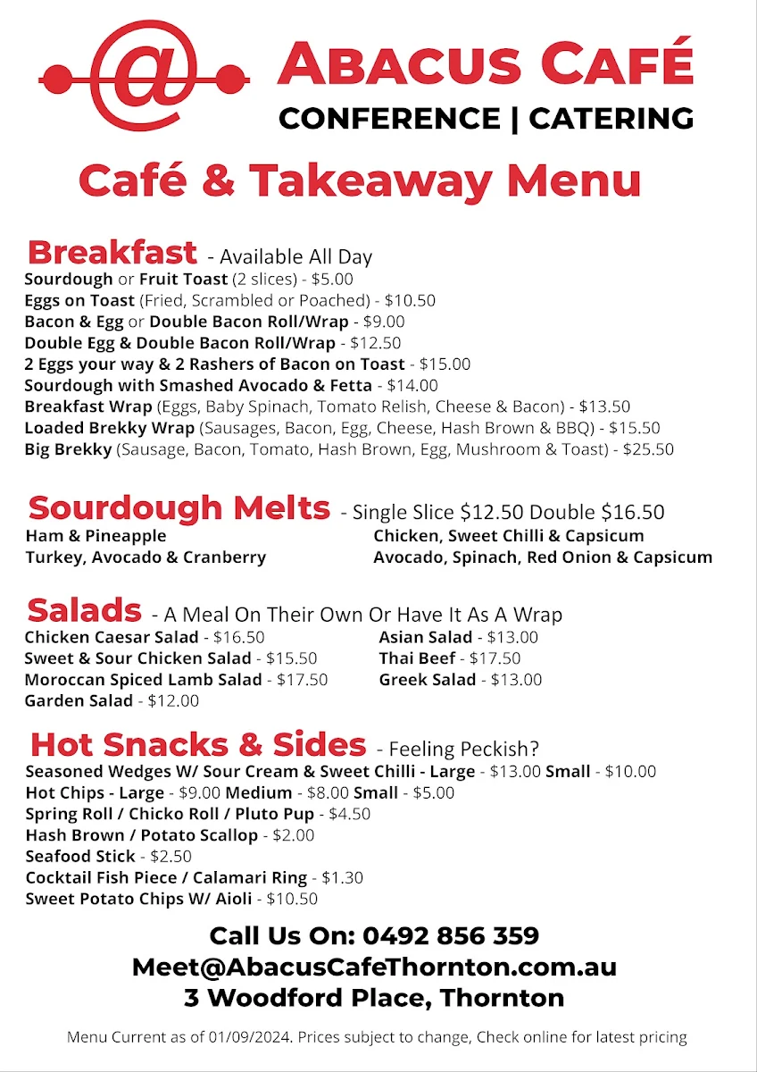 Menu, Abacus Cafe & Conference Centre