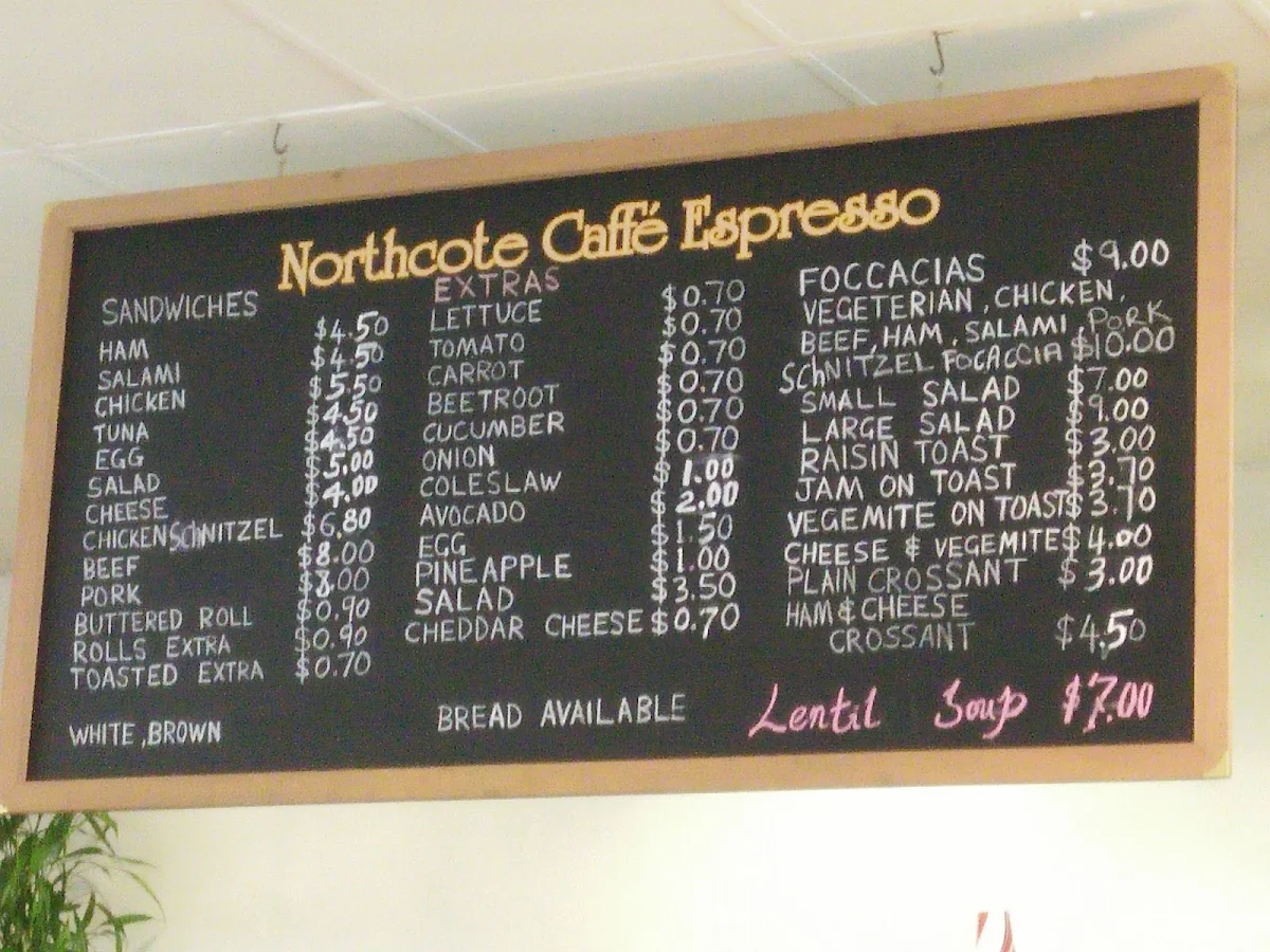 Menu, Northcote Cafe Espresso