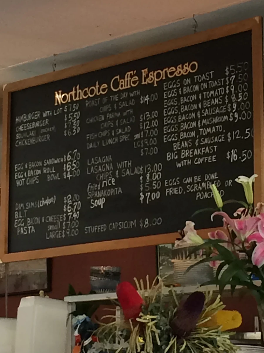 Menu, Northcote Cafe Espresso