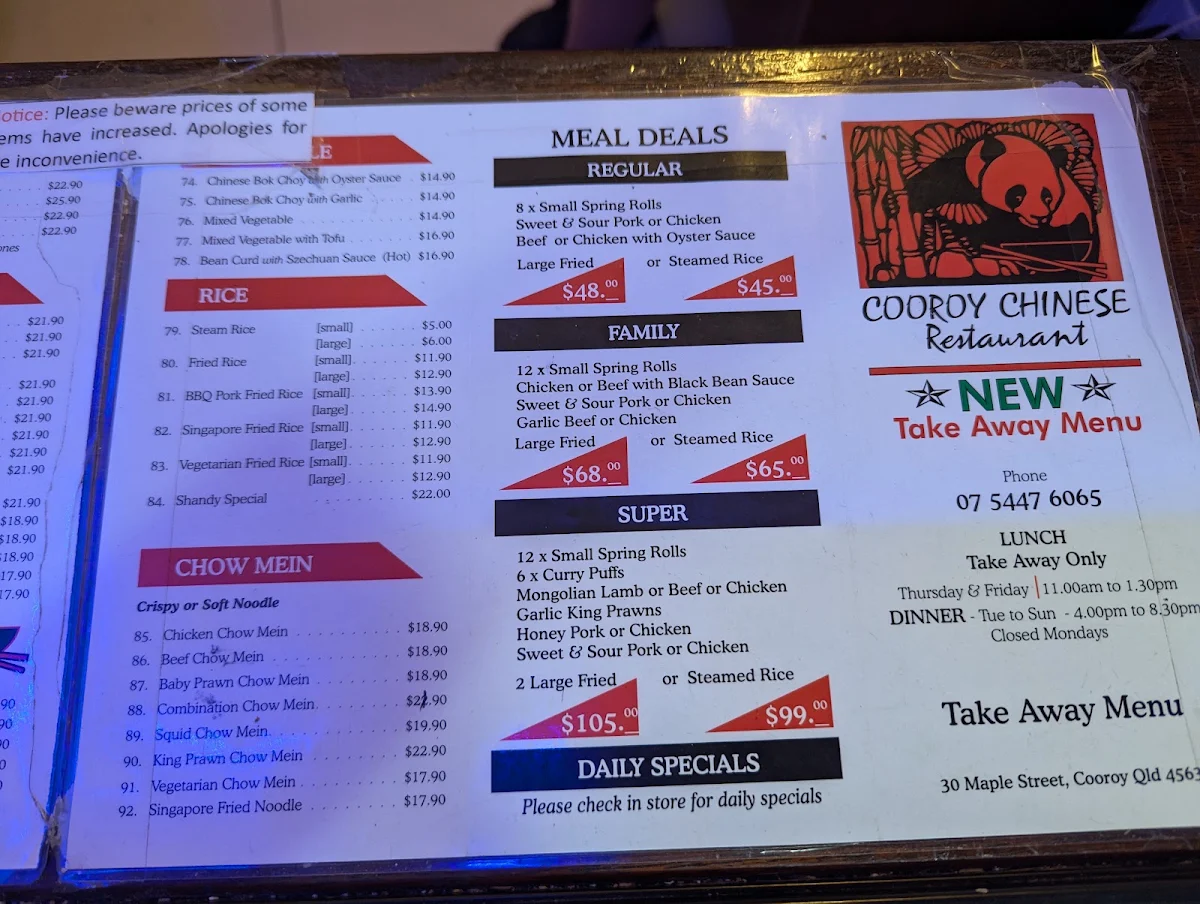 Menu, Cooroy Chinese Restaurant