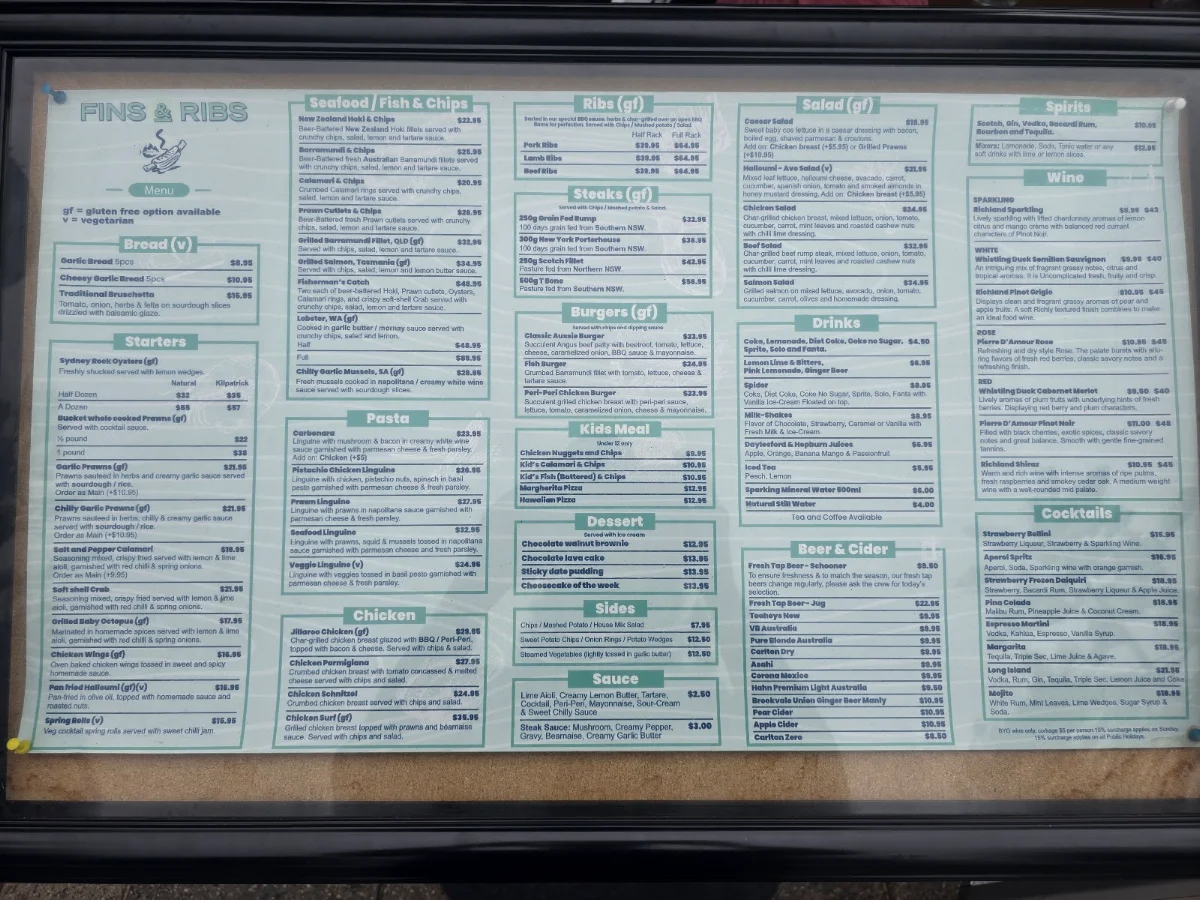 Menu, Fins & Ribs