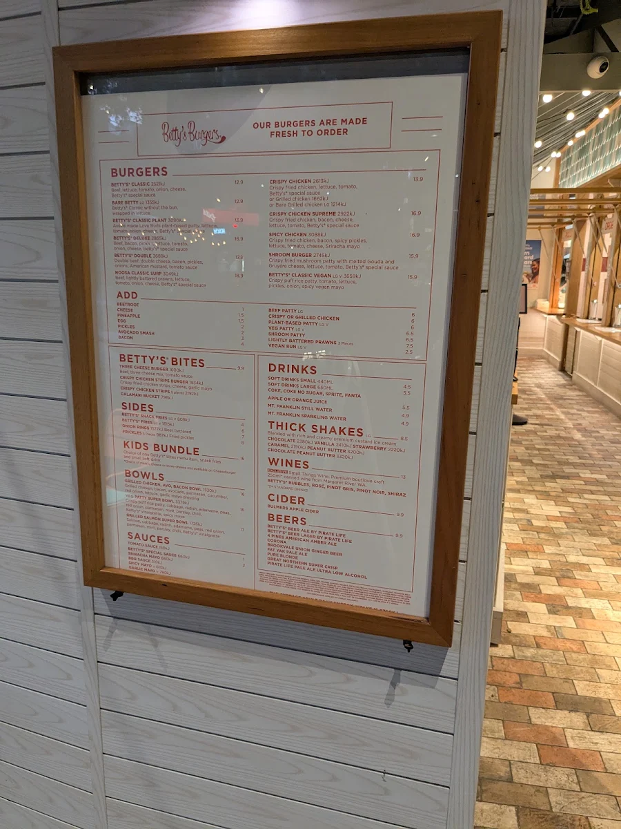 Menu, Betty's Burgers