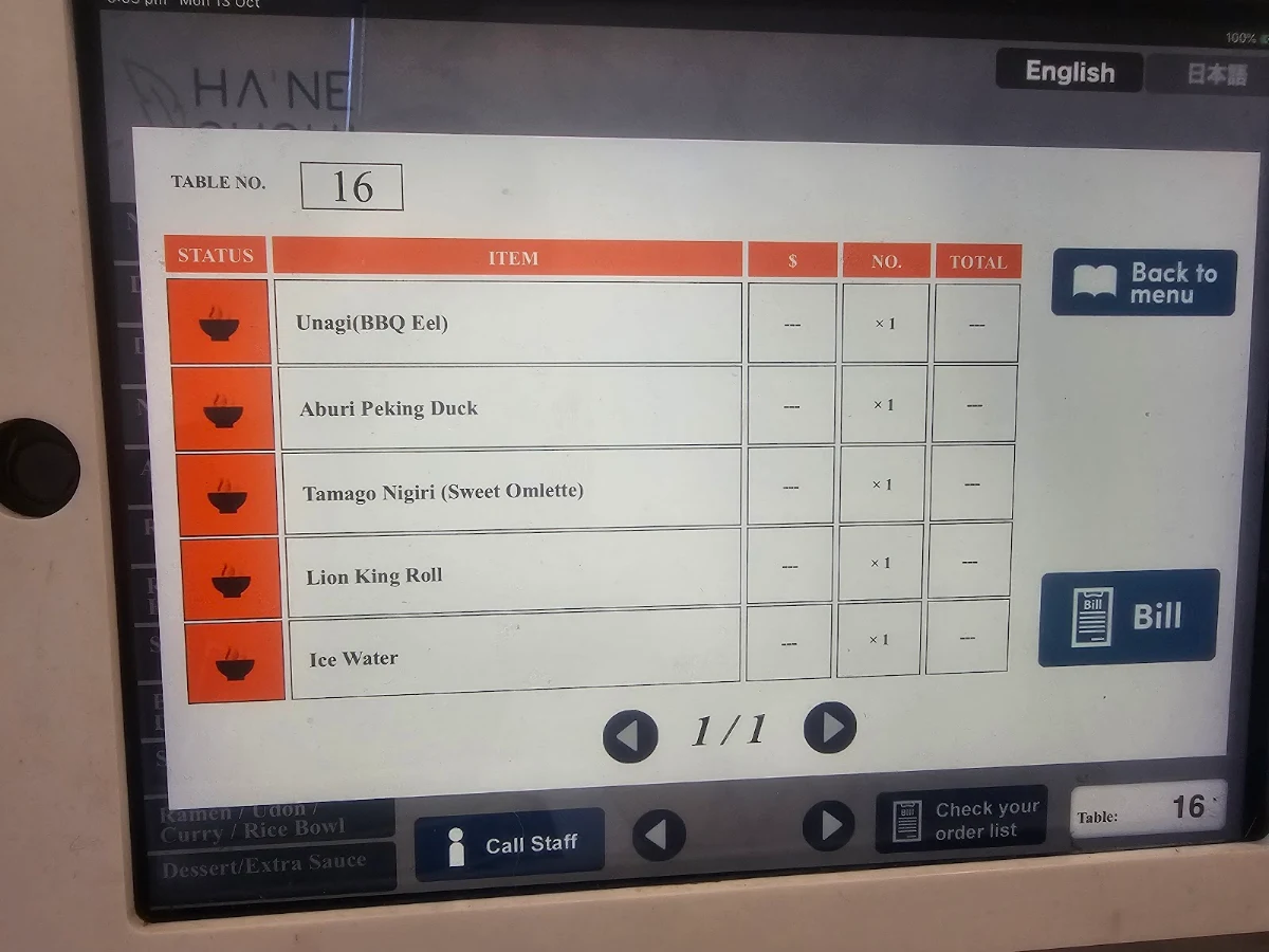 Menu, Hane Sushi