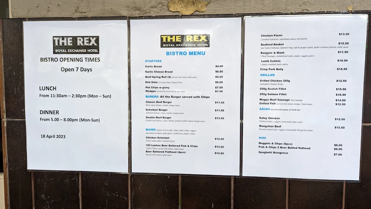 Menu, Royal Exchange Hotel