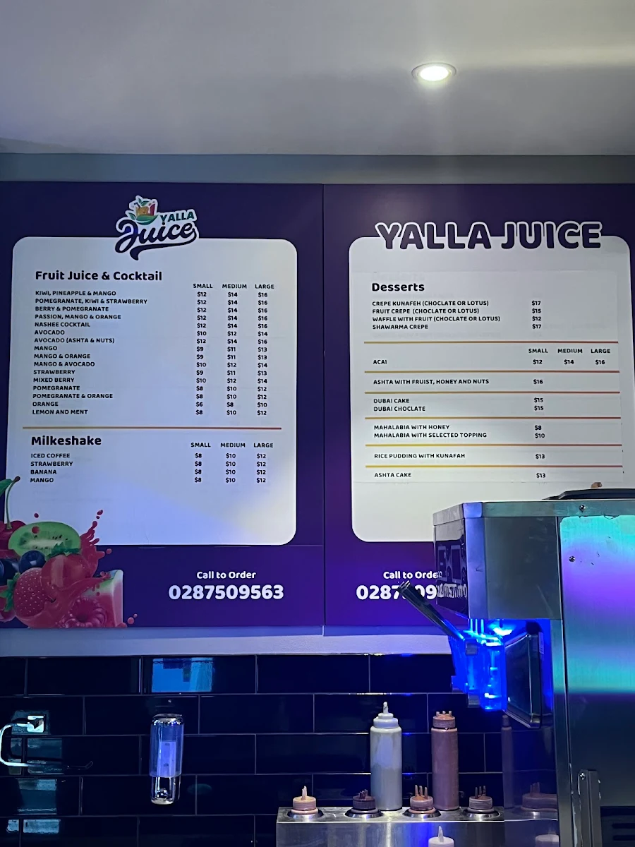 Menu, Yalla Juice
