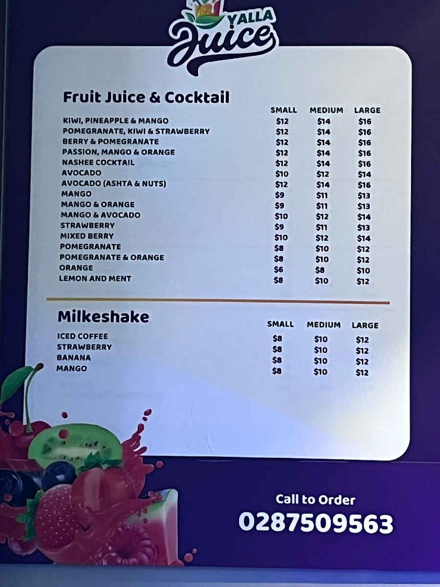 Menu, Yalla Juice