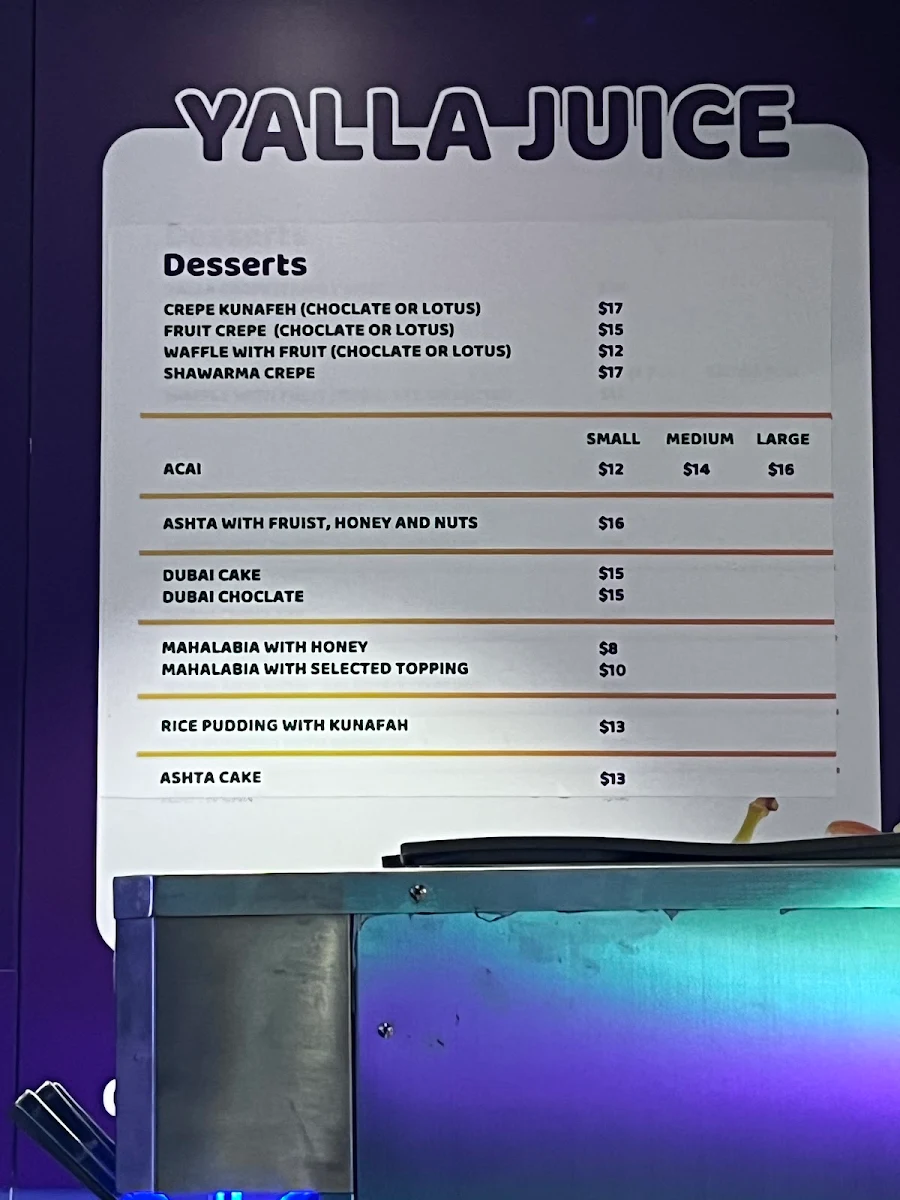 Menu, Yalla Juice