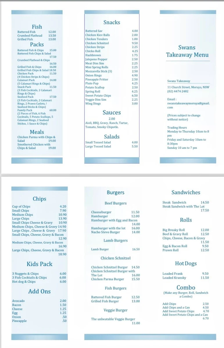 Menu, Swans Take Away