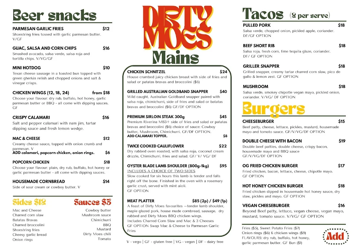 Menu, Dirty Moes