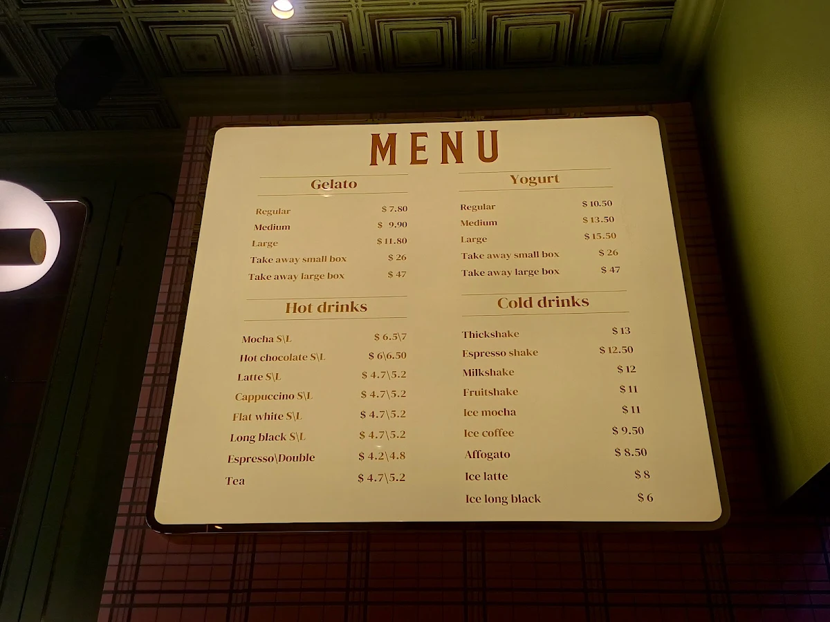 Menu, Anita Gelato Victoria Cross