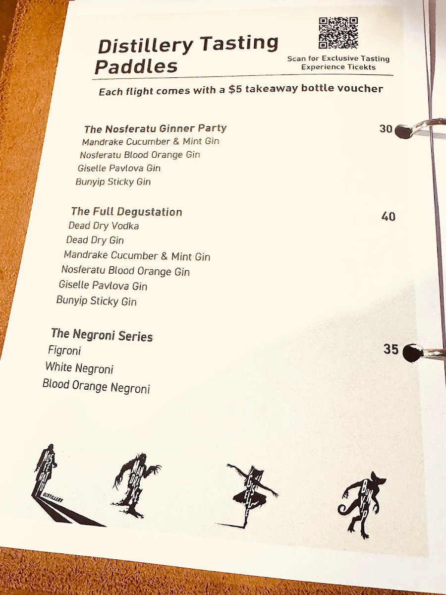 Menu, Nosferatu Distillery Bar + Cafe