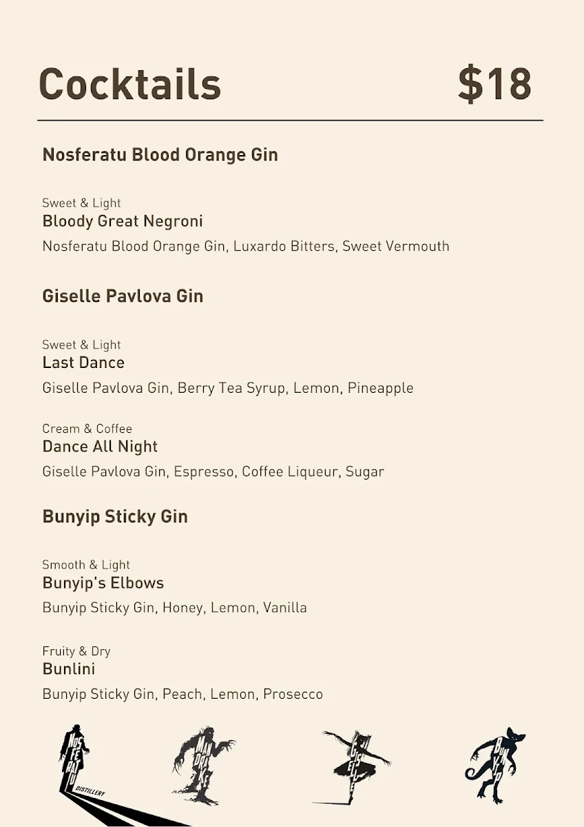 Menu, Nosferatu Distillery Bar + Cafe