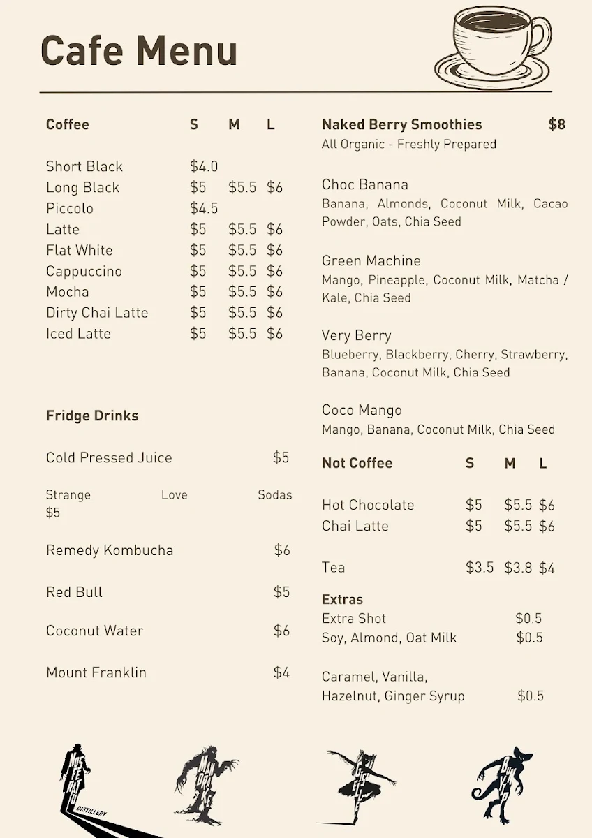 Menu, Nosferatu Distillery Bar + Cafe