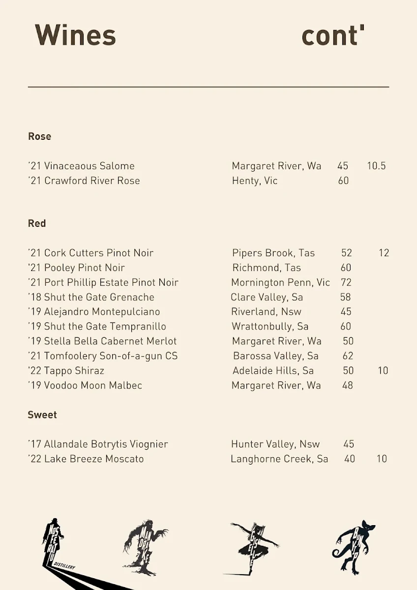 Menu, Nosferatu Distillery Bar + Cafe