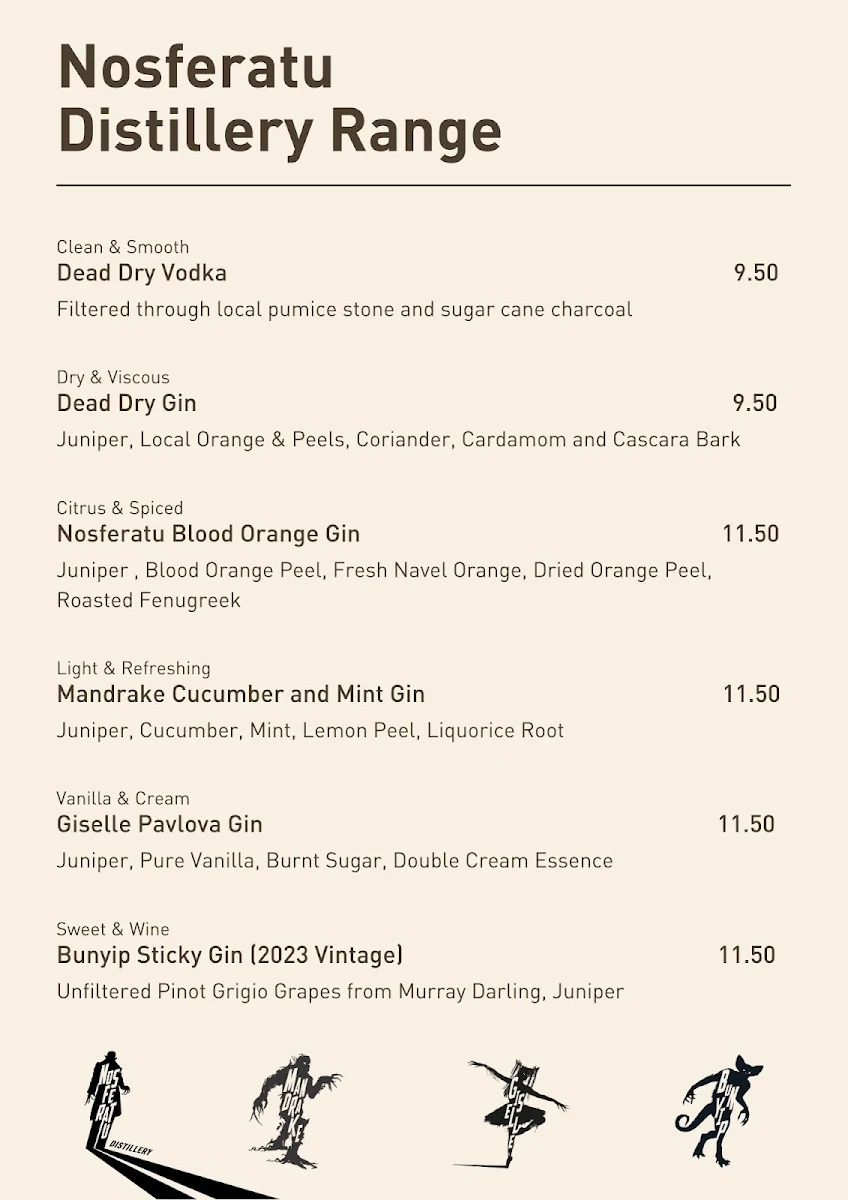Menu, Nosferatu Distillery Bar + Cafe