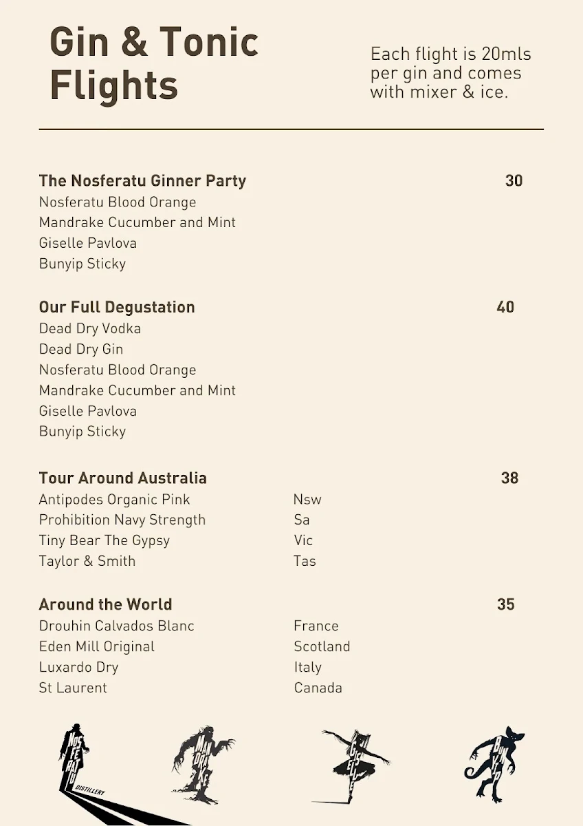 Menu, Nosferatu Distillery Bar + Cafe