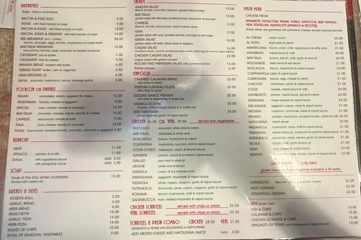 Menu, Bar Italia