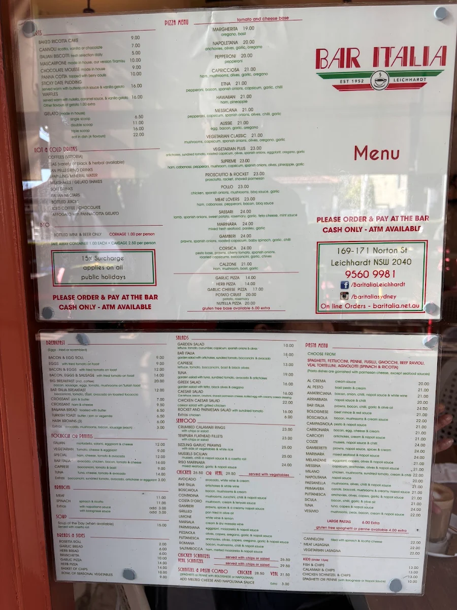 Menu, Bar Italia