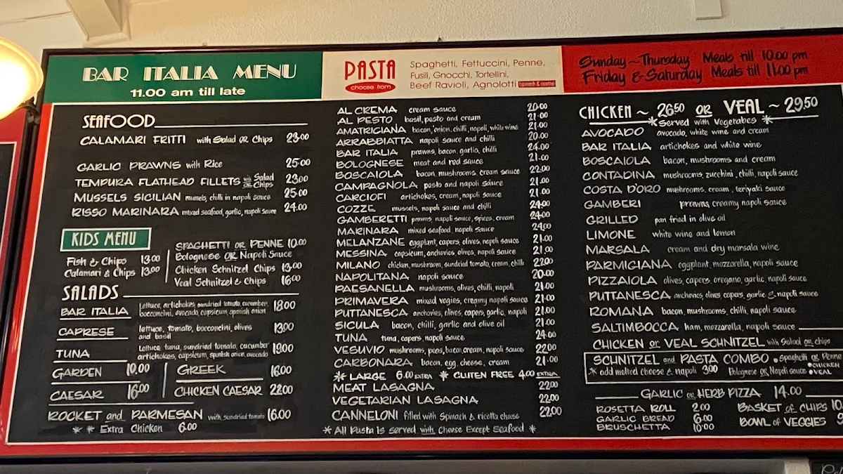 Menu, Bar Italia