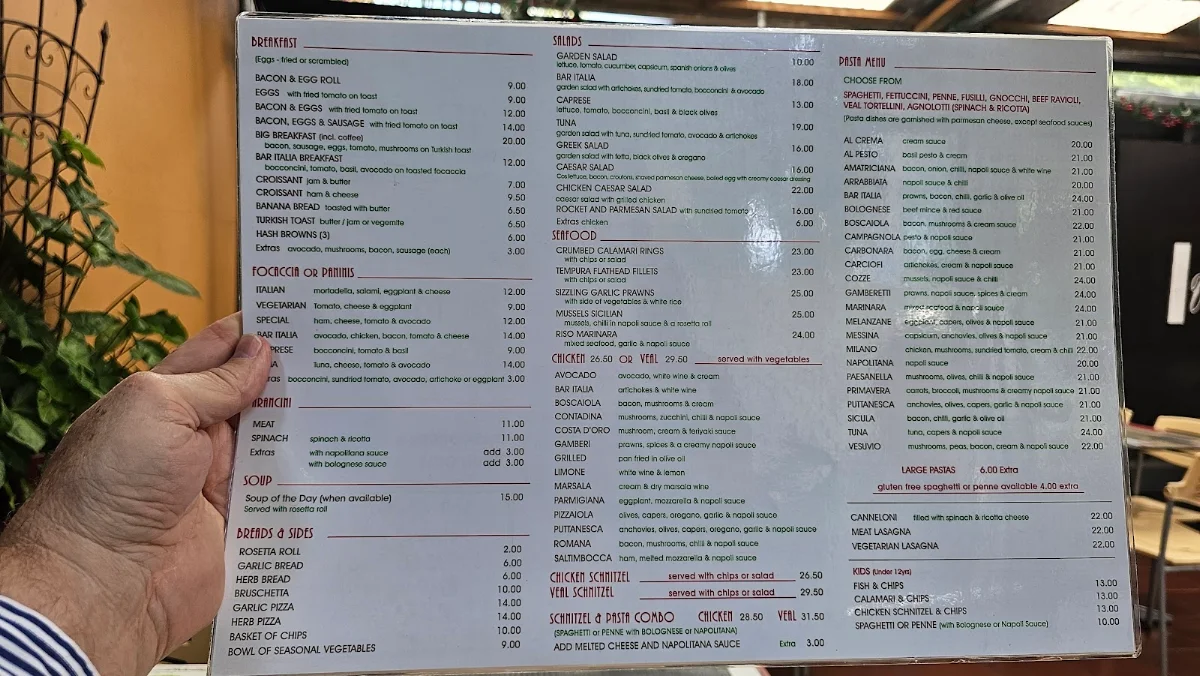 Menu, Bar Italia