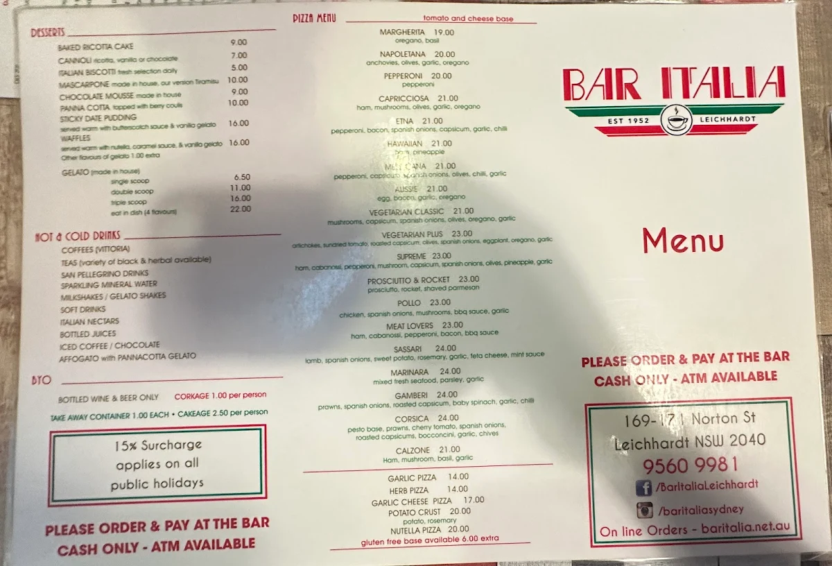 Menu, Bar Italia