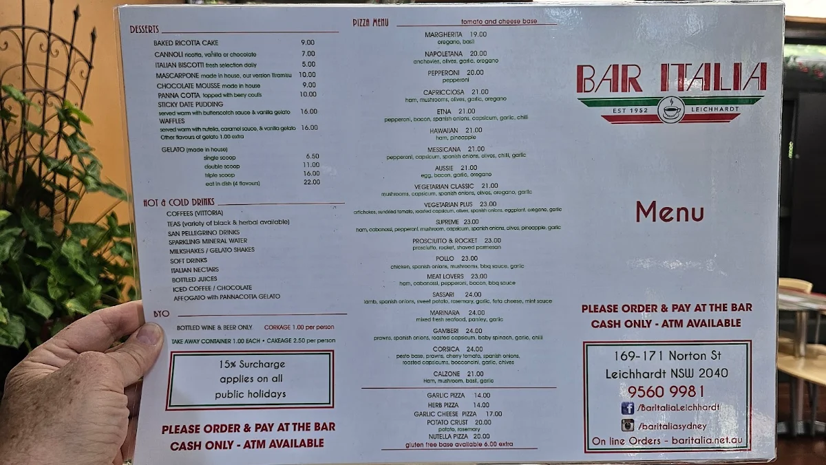 Menu, Bar Italia