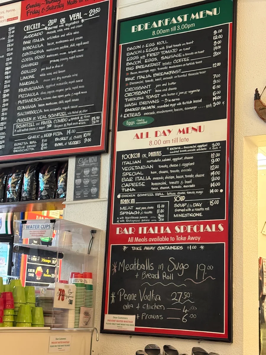 Menu, Bar Italia