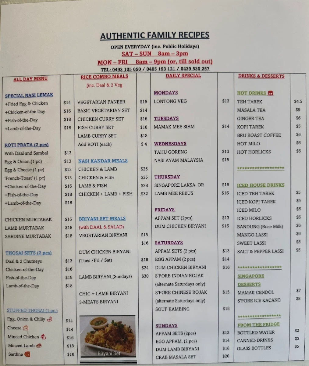 Menu, Authentic Family Recipes