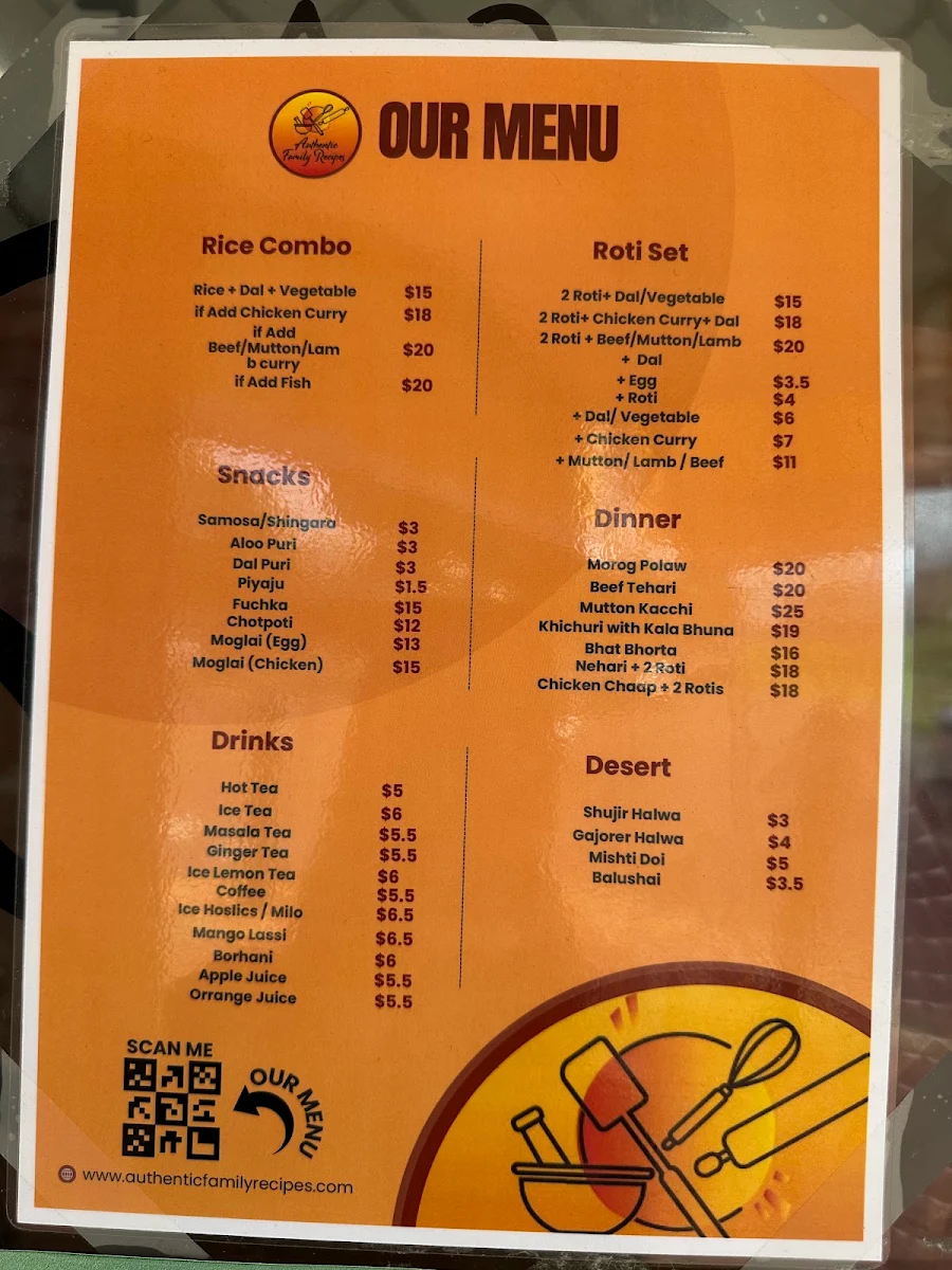 Menu, Authentic Family Recipes