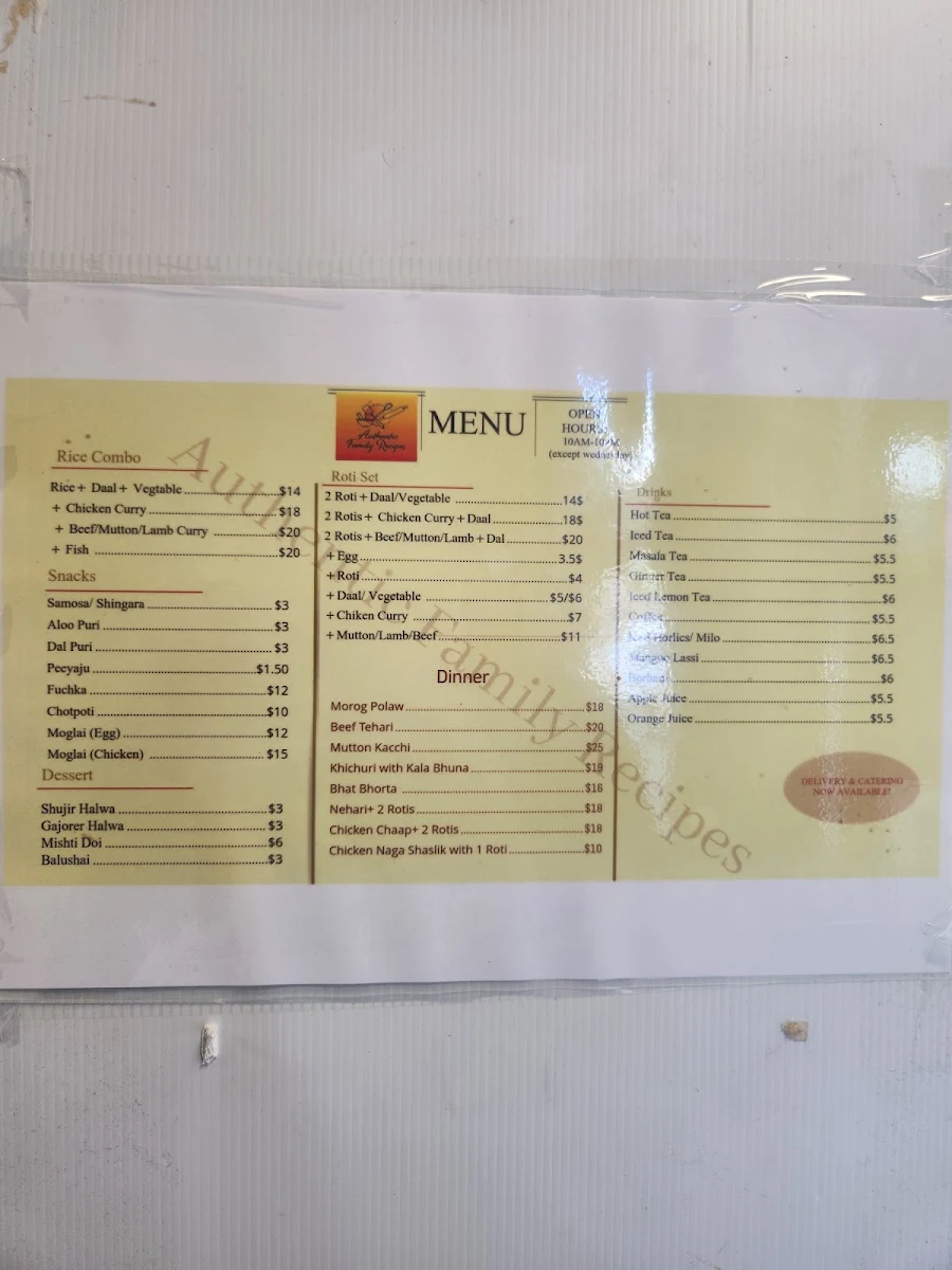 Menu, Authentic Family Recipes