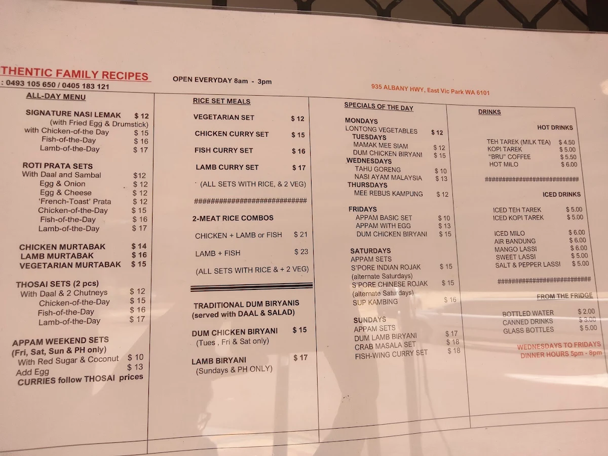 Menu, Authentic Family Recipes