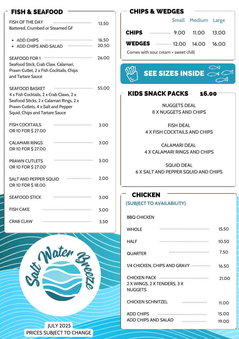 Menu, Salt Water Breeze Cafe & Takeaway