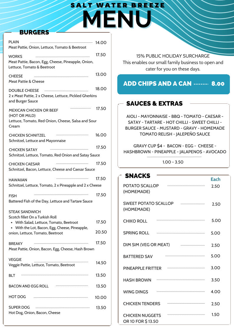 Menu, Salt Water Breeze Cafe & Takeaway