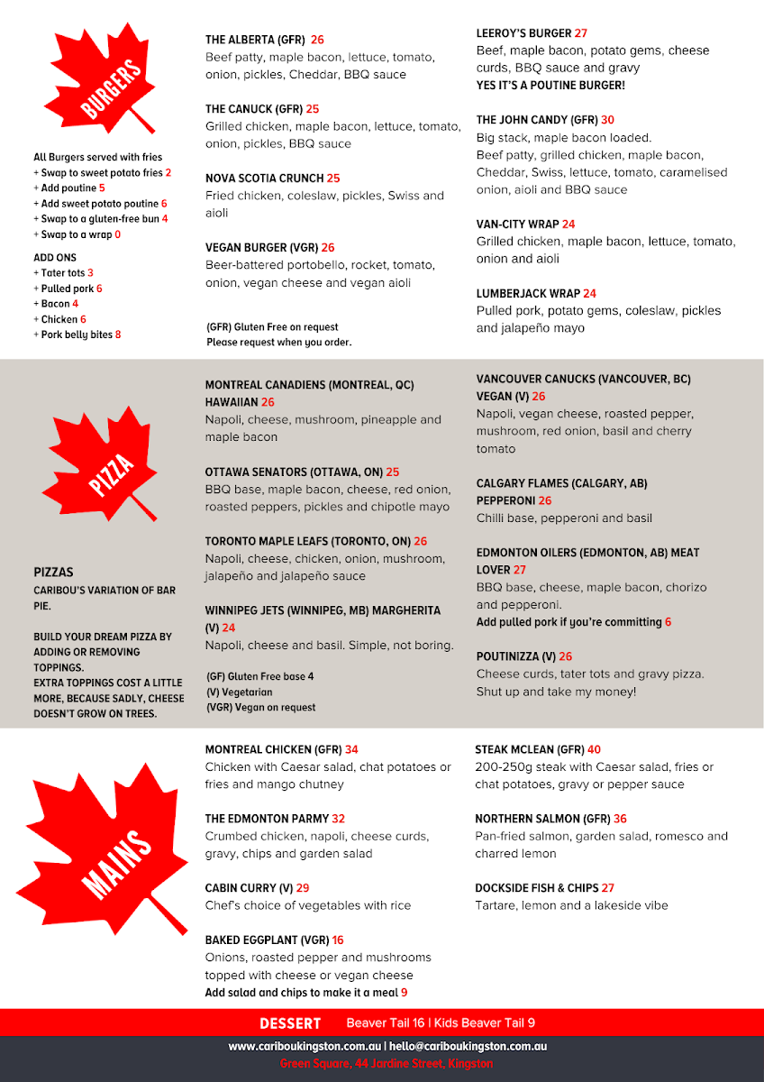 Menu, Caribou Kingston