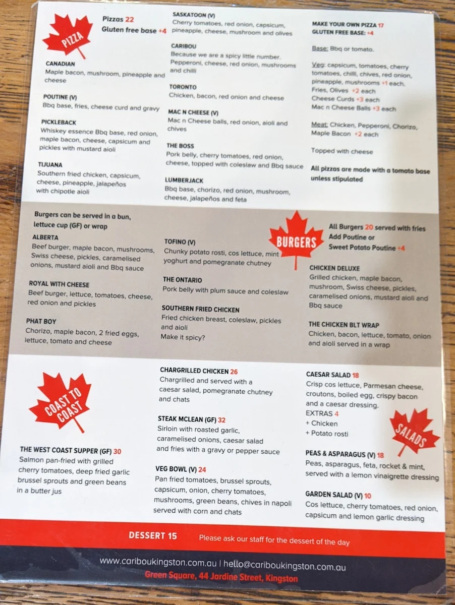 Menu, Caribou Kingston